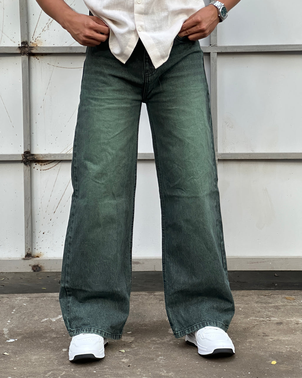 Forest Green Wide Leg Jeans – Vintage Wash