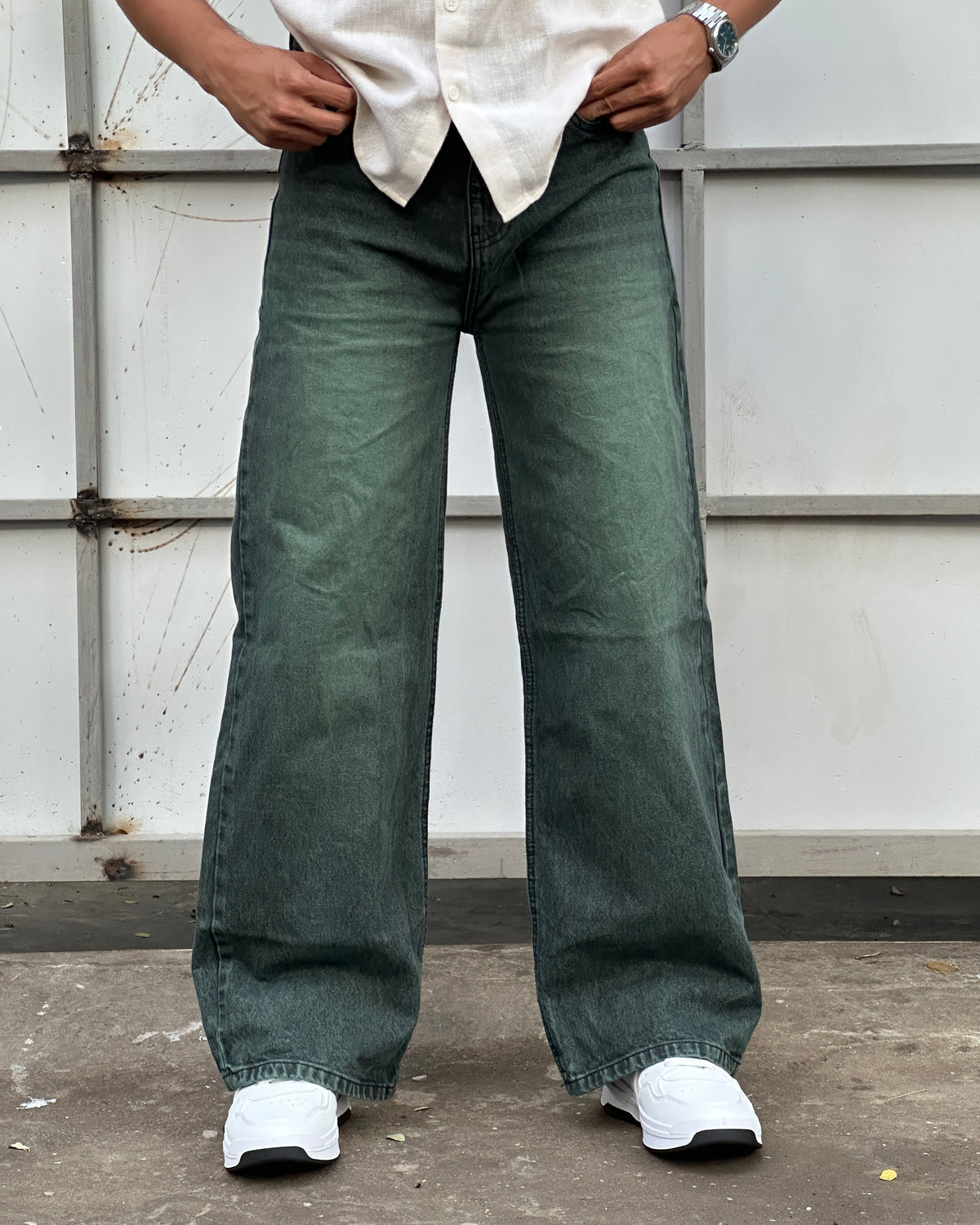 Forest Green Wide Leg Jeans – Vintage Wash